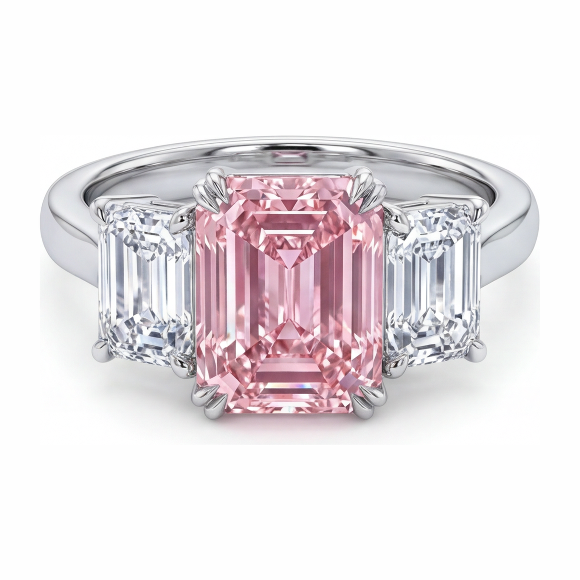 2.75 Carat Emerald Pink Lab Grown Diamond and White Diamond Three Stone Ring 14K White Gold