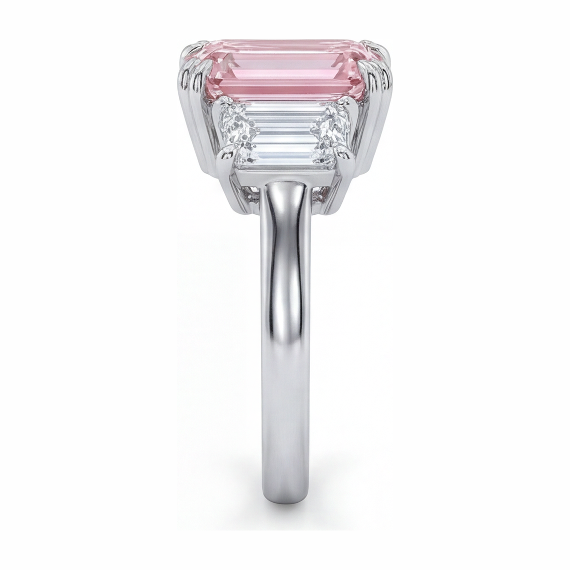 2.75 Carat Emerald Pink Lab Grown Diamond and White Diamond Three Stone Ring 14K White Gold