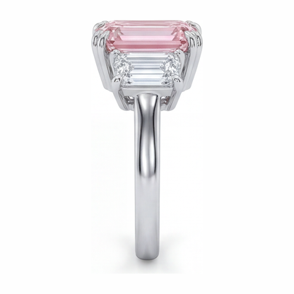 2.75 Carat Emerald Pink Lab Grown Diamond and White Diamond Three Stone Ring 14K White Gold