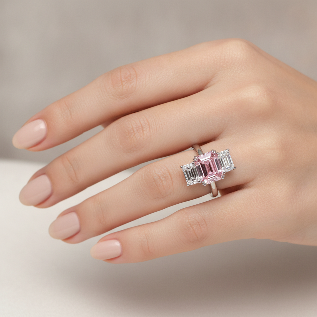 2.75 Carat Emerald Pink Lab Grown Diamond and White Diamond Three Stone Ring 14K White Gold worn