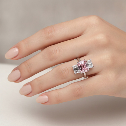 2.75 Carat Emerald Pink Lab Grown Diamond and White Diamond Three Stone Ring 14K White Gold worn