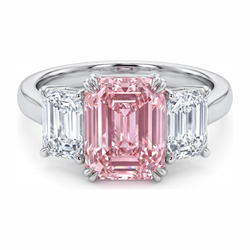 2.75 Carat Emerald Pink Lab Grown Diamond and White Diamond Three Stone Ring 14K White Gold