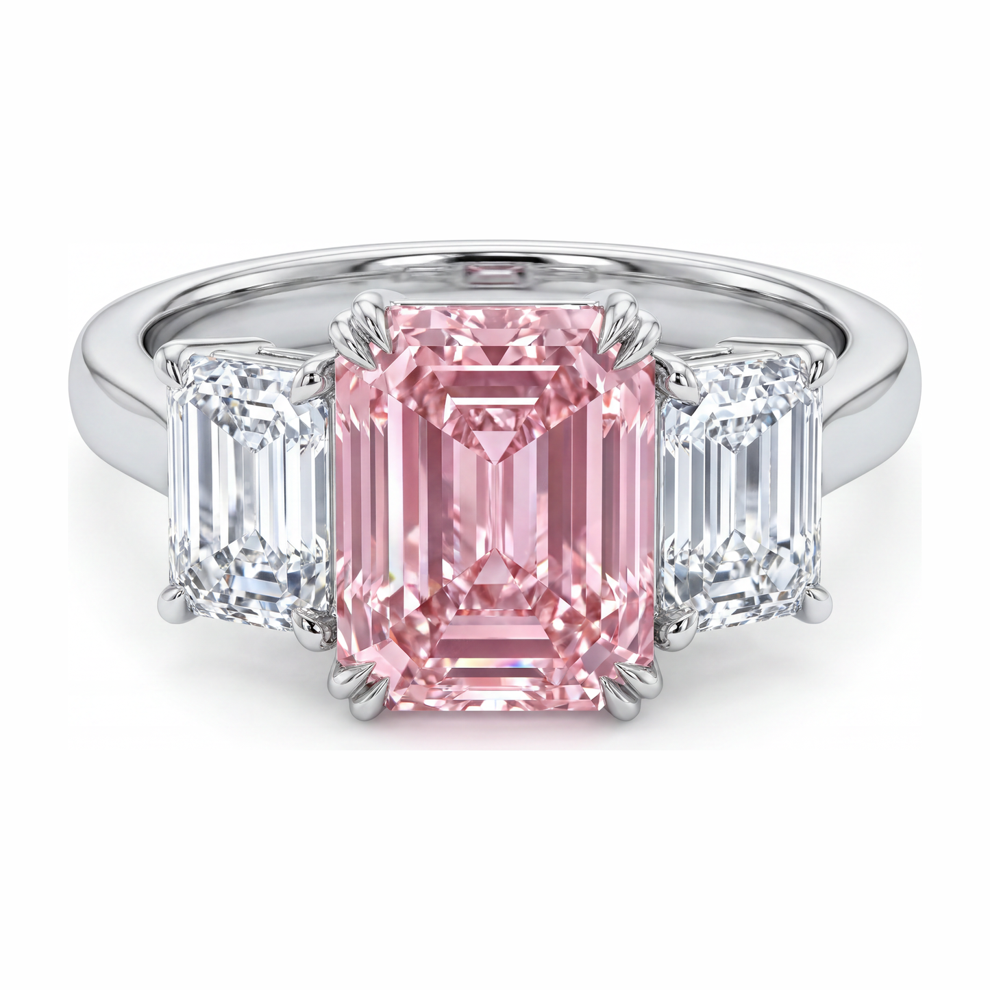 2.75 Carat Emerald Pink Lab Grown Diamond and White Diamond Three Stone Ring 14K White Gold
