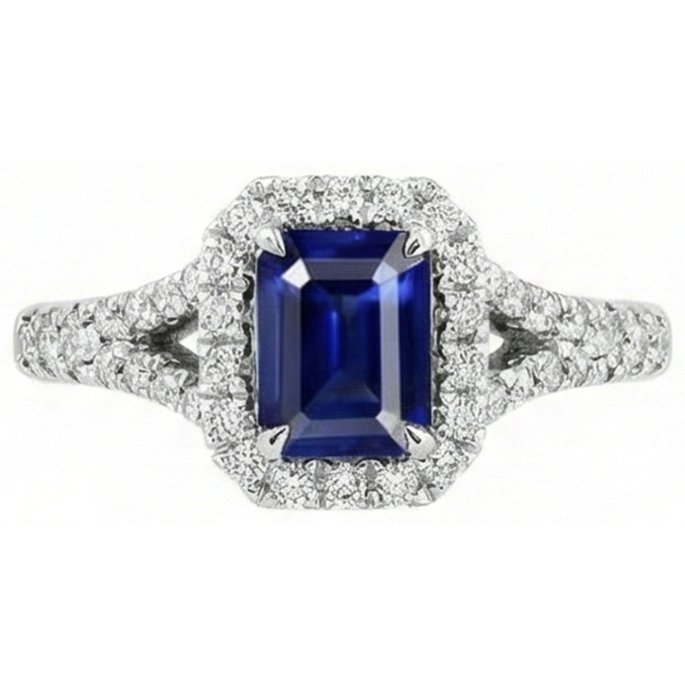 2.85 Carats Blue Sapphire And Natural Earth Mined Diamonds Ring Prong Set 14K White Gold