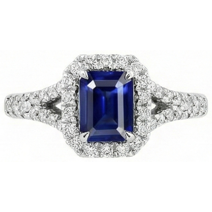 2.85 Carats Blue Sapphire And Natural Earth Mined Diamonds Ring Prong Set 14K White Gold