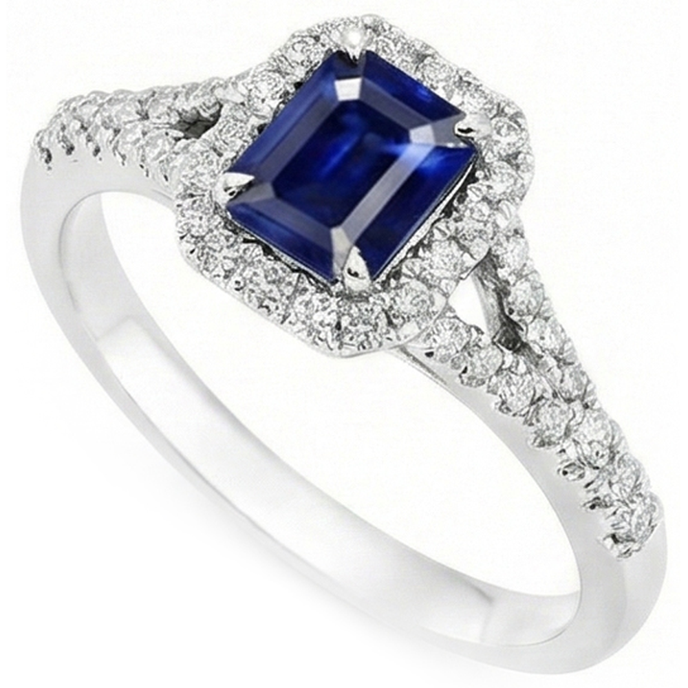 2.85 Carats Blue Sapphire And Natural Earth Mined Diamonds Ring Prong Set 14K White Gold