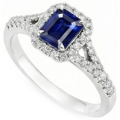2.85 Carats Blue Sapphire And Natural Earth Mined Diamonds Ring Prong Set 14K White Gold