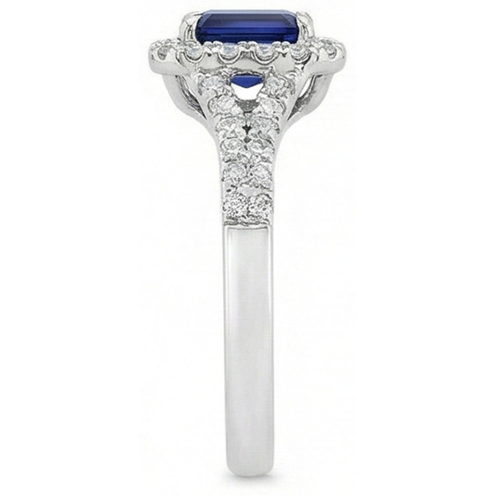 2.85 Carats Blue Sapphire And Natural Earth Mined Diamonds Ring Prong Set 14K White Gold