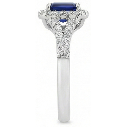 2.85 Carats Blue Sapphire And Natural Earth Mined Diamonds Ring Prong Set 14K White Gold