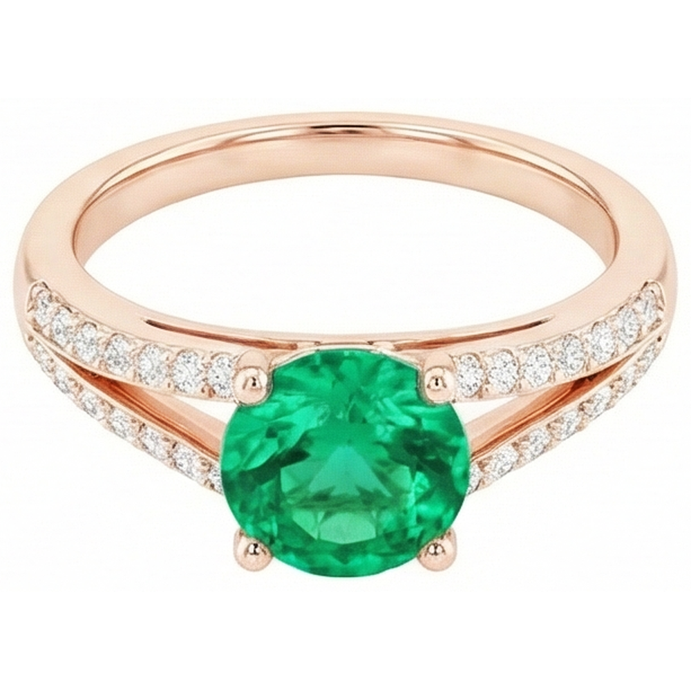 2.85 Ct Round Cut Green Emerald GIA With Natural Earth Mined Diamond 14K Rose Gold