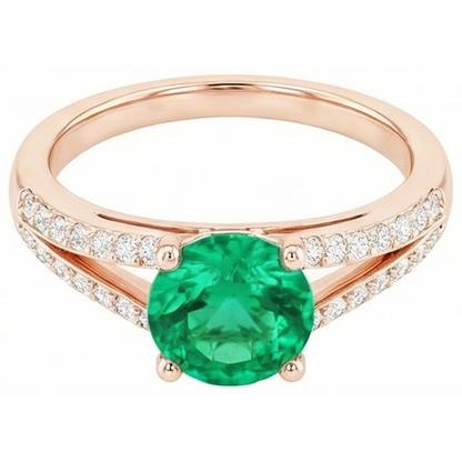 2.85 Ct Round Cut Green Emerald GIA With Natural Earth Mined Diamond 14K Rose Gold