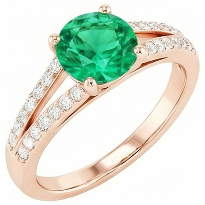 2.85 Ct Round Cut Green Emerald GIA With Natural Earth Mined Diamond 14K Rose Gold