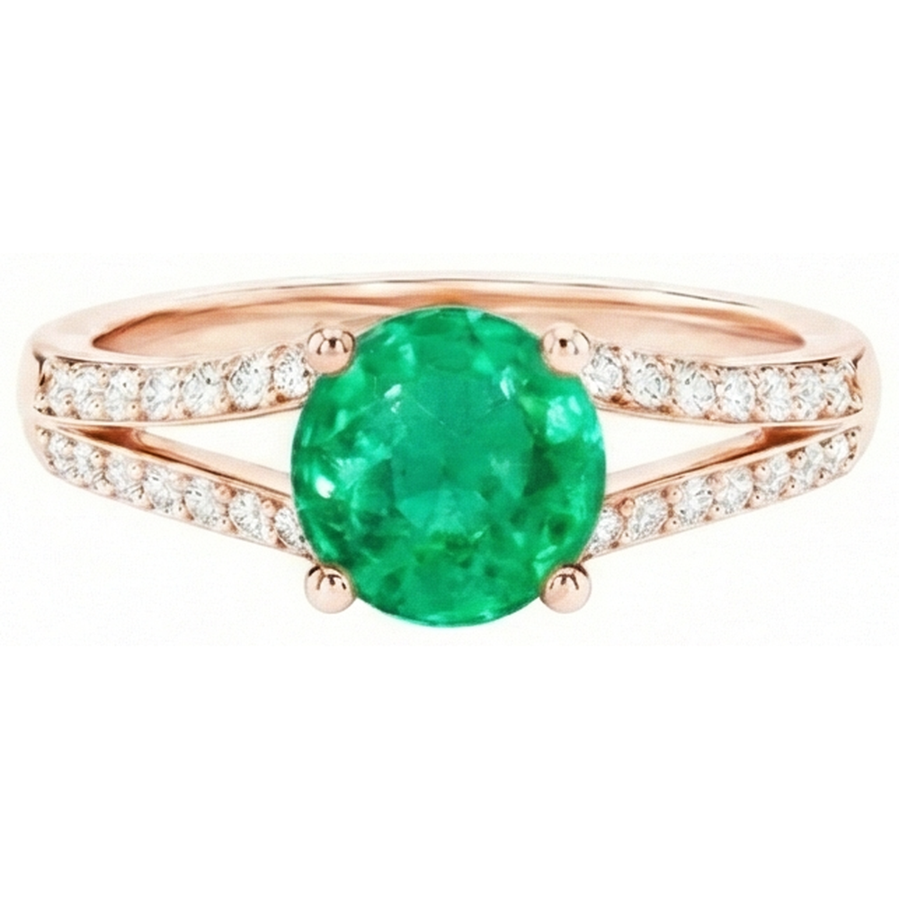 2.85 Ct Round Cut Green Emerald GIA With Natural Earth Mined Diamond 14K Rose Gold