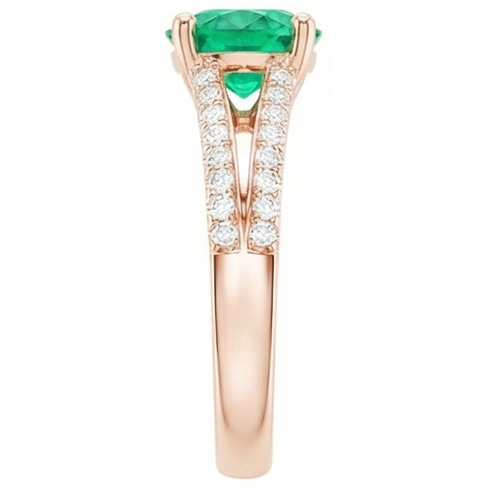 2.85 Ct Round Cut Green Emerald GIA With Natural Earth Mined Diamond 14K Rose Gold