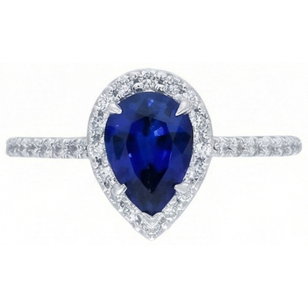 2.88 Carats Pear Cut Sri Lanka Blue Sapphire Natural Earth Mined Diamond Anniversary Ring