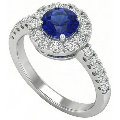 2 Carats Round Blue Ceylon Sapphire Natural Earth Mined Diamond Ring White Gold 14K