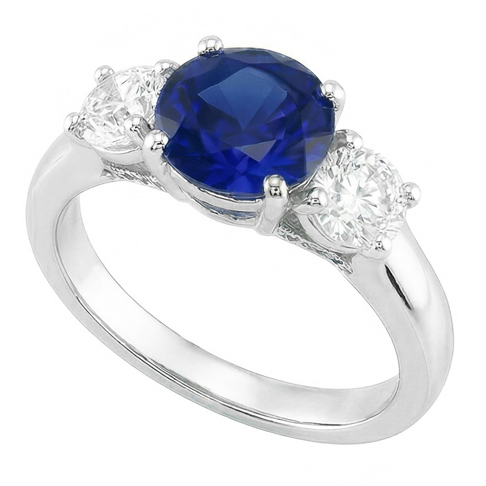 2 Carats Three Stone Ring Round Blue Sapphire & Natural Earth Mined Diamonds