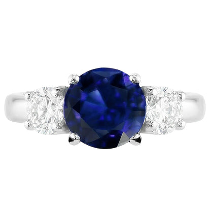 2 Carats Three Stone Ring Round Blue Sapphire & Natural Earth Mined Diamonds