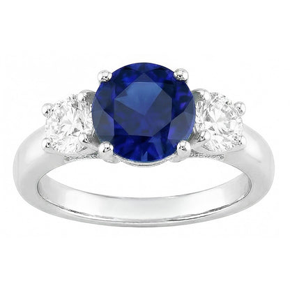 2 Carats Three Stone Ring Round Blue Sapphire & Natural Earth Mined Diamonds