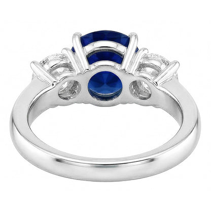 2 Carats Three Stone Ring Round Blue Sapphire & Natural Earth Mined Diamonds