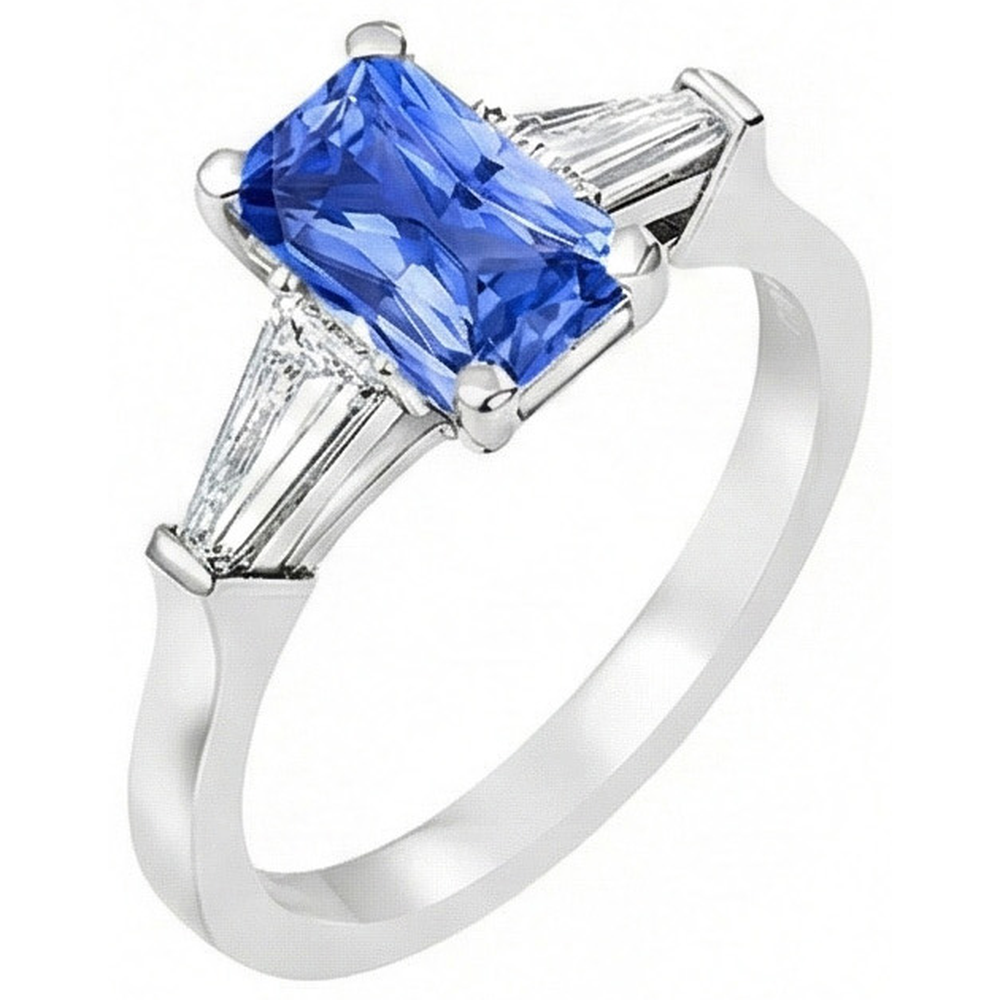 Natural Real ( Not Lab Grown )  2 Carats Womens Jewelry Blue Sapphire Ring Tapered Baguette 3 Stone
