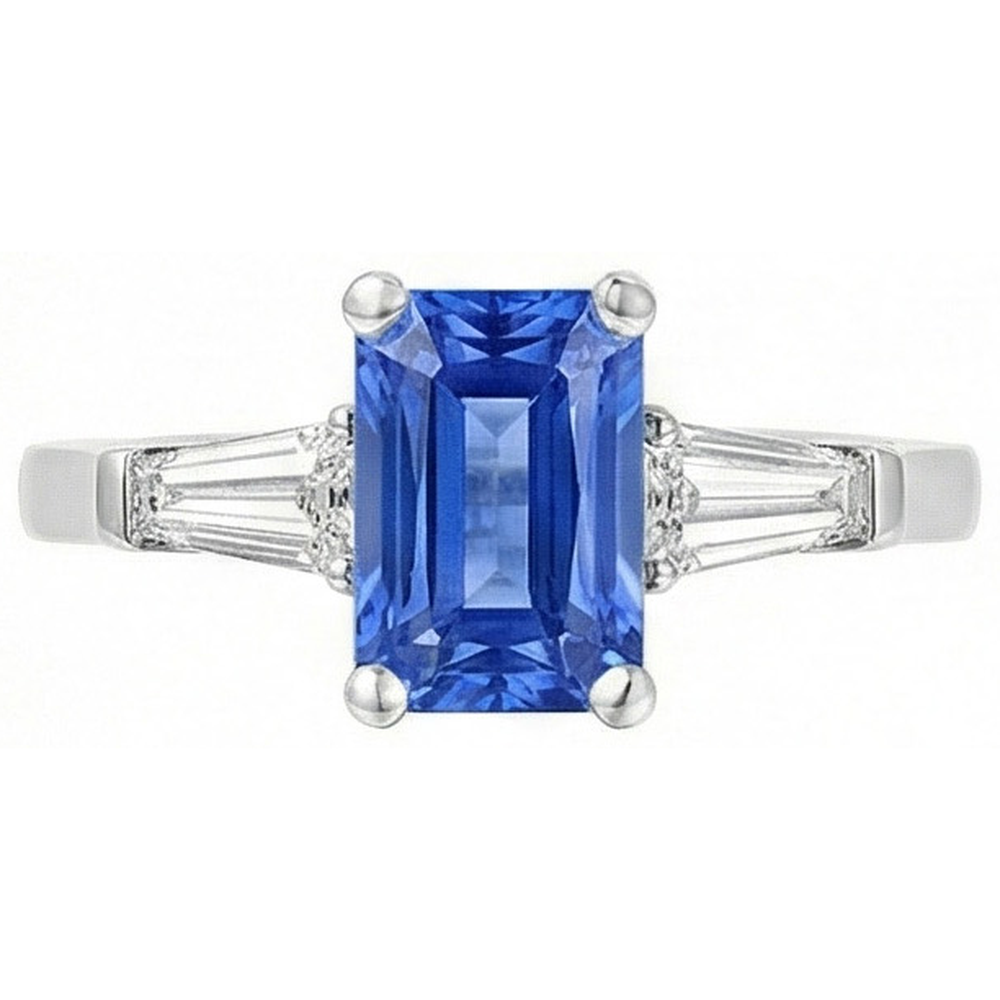 Natural Real ( Not Lab Grown )  2 Carats Womens Jewelry Blue Sapphire Ring Tapered Baguette 3 Stone