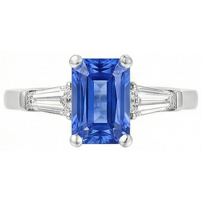 Natural Real ( Not Lab Grown )  2 Carats Womens Jewelry Blue Sapphire Ring Tapered Baguette 3 Stone