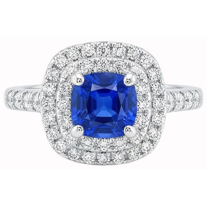 2 Ct Blue Cushion Sapphire And Halo Round Natural Earth Mined Diamond Ring 14K White Gold