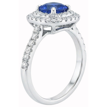 2 Ct Blue Cushion Sapphire And Halo Round Natural Earth Mined Diamond Ring 14K White Gold