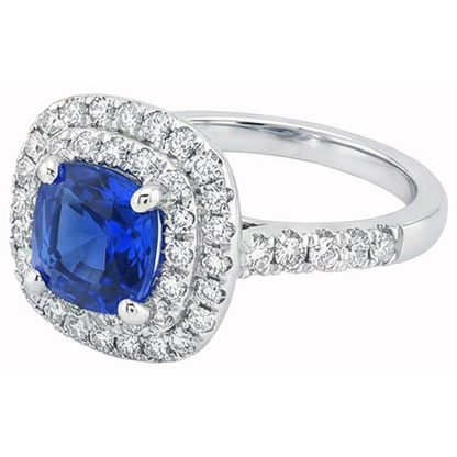 2 Ct Blue Cushion Sapphire And Halo Round Natural Earth Mined Diamond Ring 14K White Gold