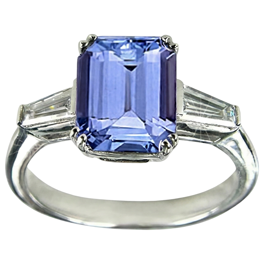 2 Ct Three Stone Tanzanite And Baguette Natural Earth Mined Diamond Wedding Ring