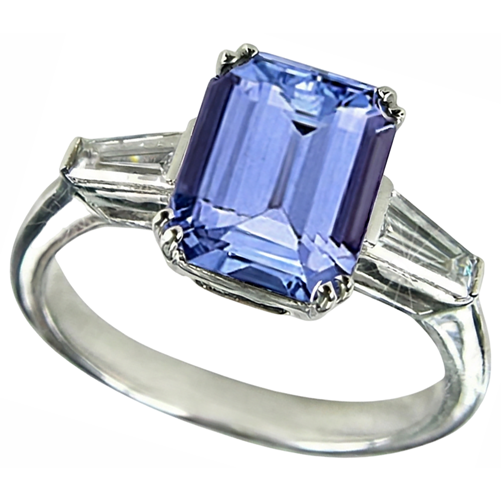 2 Ct Three Stone Tanzanite And Baguette Natural Earth Mined Diamond Wedding Ring