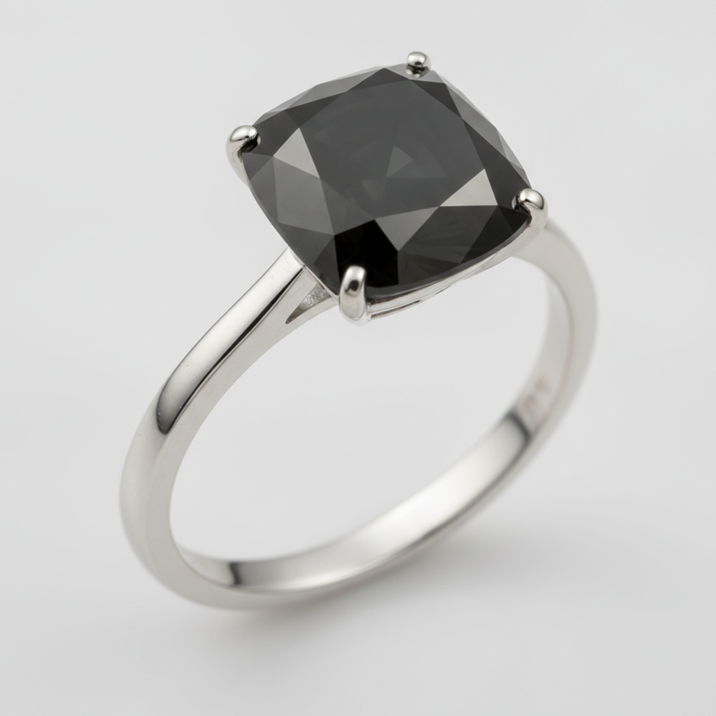 2 Carat Cushion Black Diamond Solitaire Ring Natural 14K White Gold