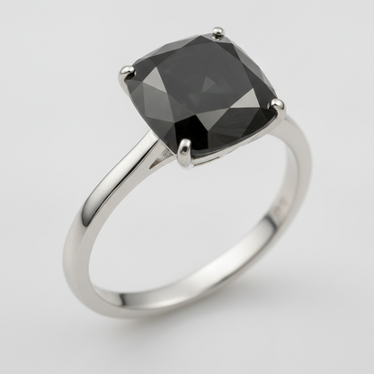 2 Carat Cushion Black Diamond Solitaire Ring Natural 14K White Gold