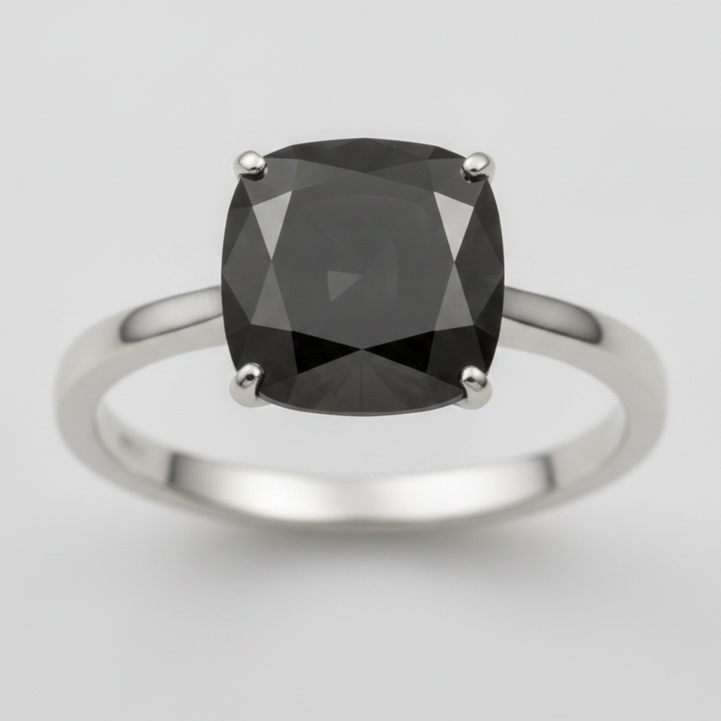 2 Carat Cushion Black Diamond Solitaire Ring Natural 14K White Gold