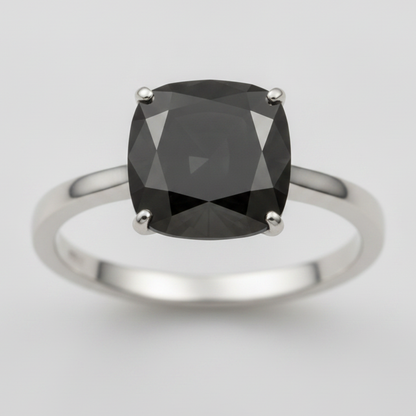 2 Carat Cushion Black Diamond Solitaire Ring Natural 14K White Gold