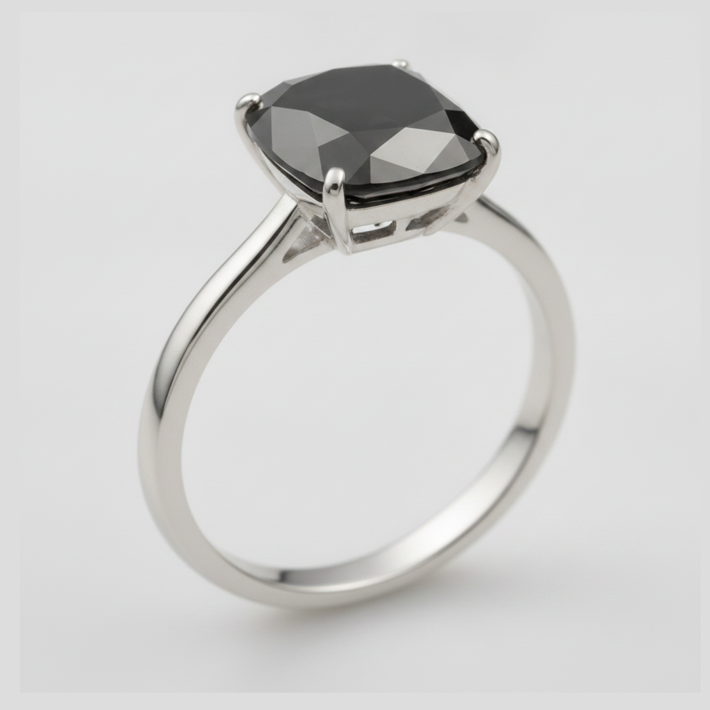 2 Carat Cushion Black Diamond Solitaire Ring Natural 14K White Gold