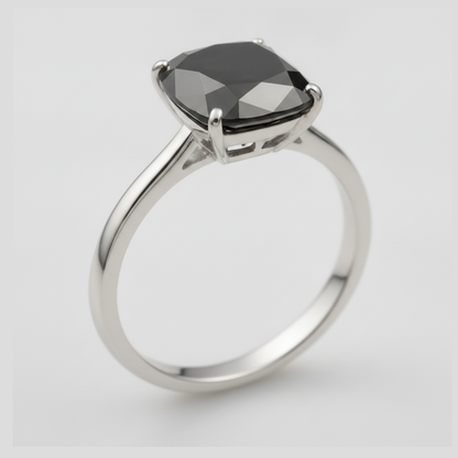 2 Carat Cushion Black Diamond Solitaire Ring Natural 14K White Gold