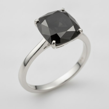 2 Carat Cushion Black Diamond Solitaire Ring Natural 14K White Gold