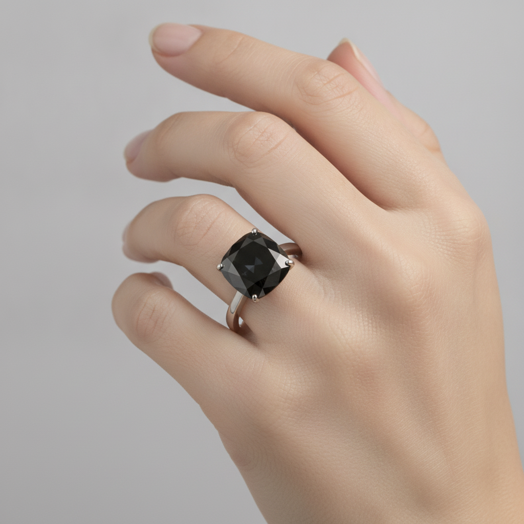 2 Carat Cushion Black Diamond Solitaire Ring Natural 14K White Gold