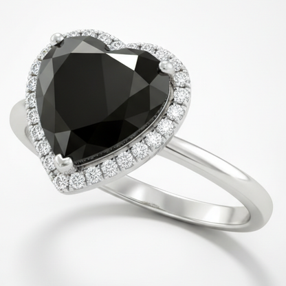 2 Carat Heart Black Diamond and White Diamond Halo Ring Natural 14K White Gold