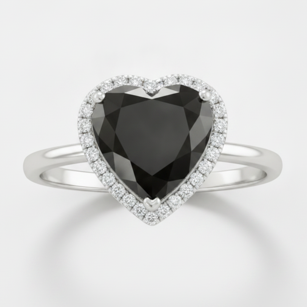 2 Carat Heart Black Diamond and White Diamond Halo Ring Natural 14K White Gold