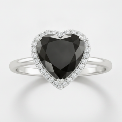 2 Carat Heart Black Diamond and White Diamond Halo Ring Natural 14K White Gold