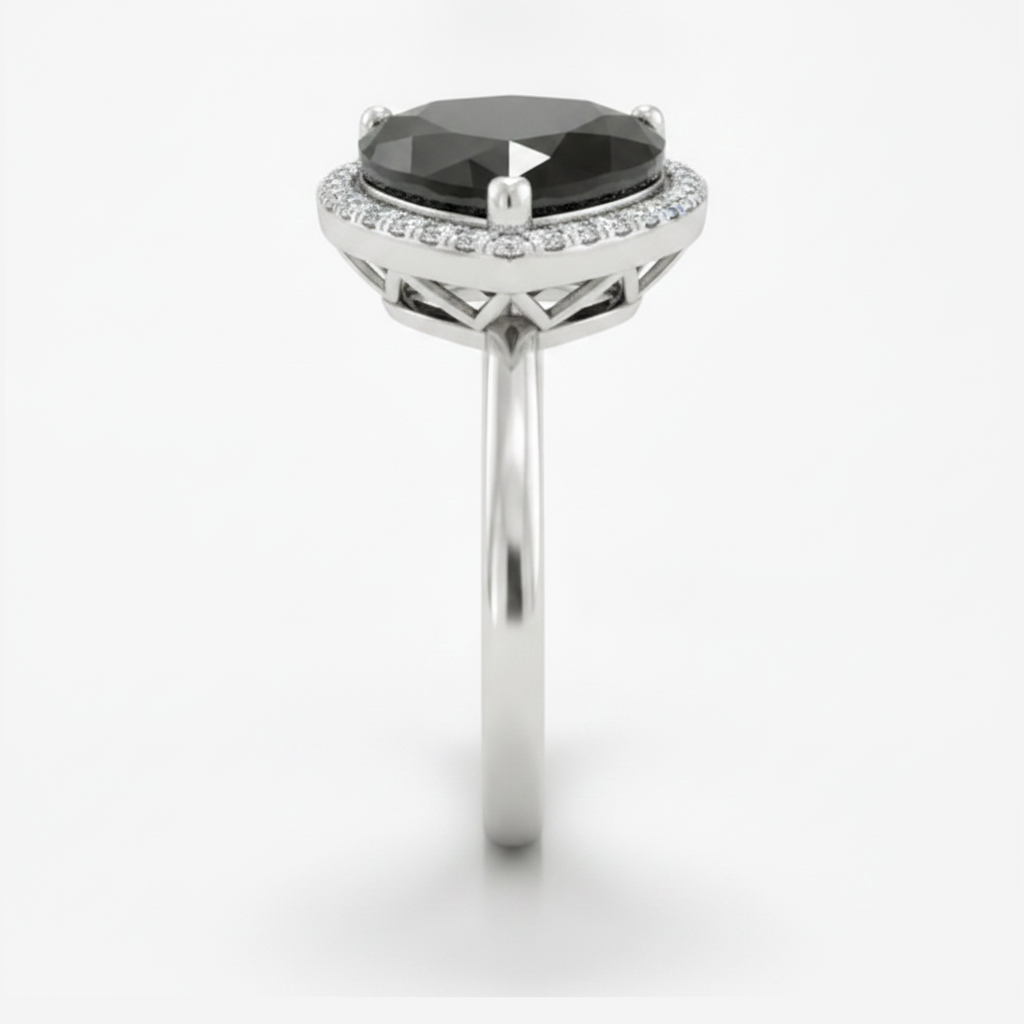 2 Carat Heart Black Diamond and White Diamond Halo Ring Natural 14K White Gold