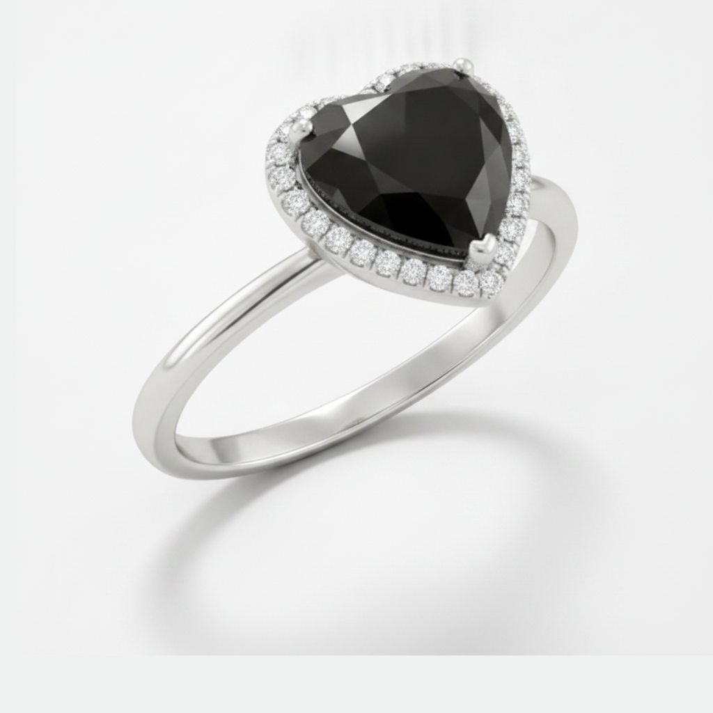 2 Carat Heart Black Diamond and White Diamond Halo Ring Natural 14K White Gold