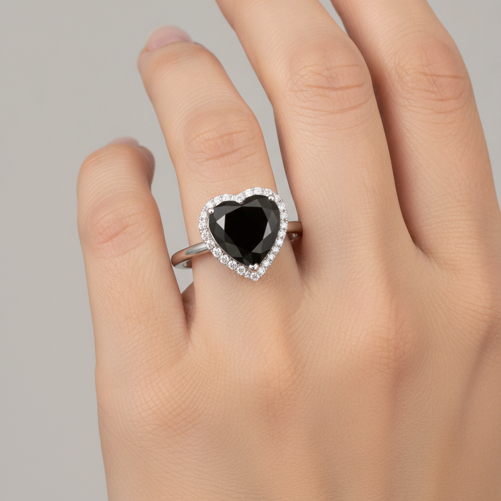 2 Carat Heart Black Diamond and White Diamond Halo Ring Natural 14K White Gold
