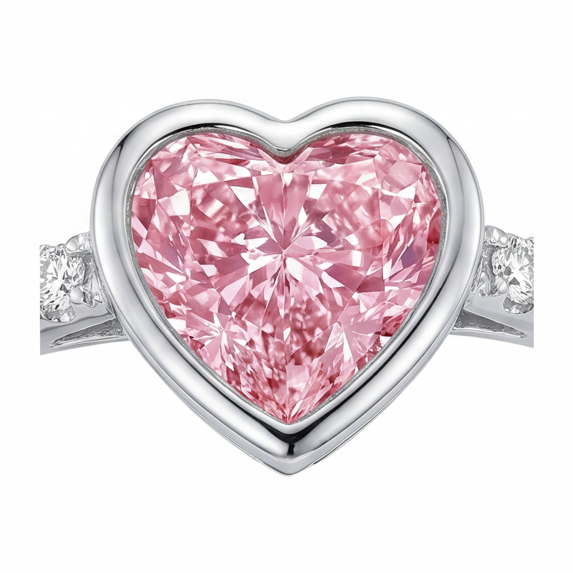 2 Carat Heart Pink Lab Grown Diamond and White Diamond Bezel Ring 14K White Gold