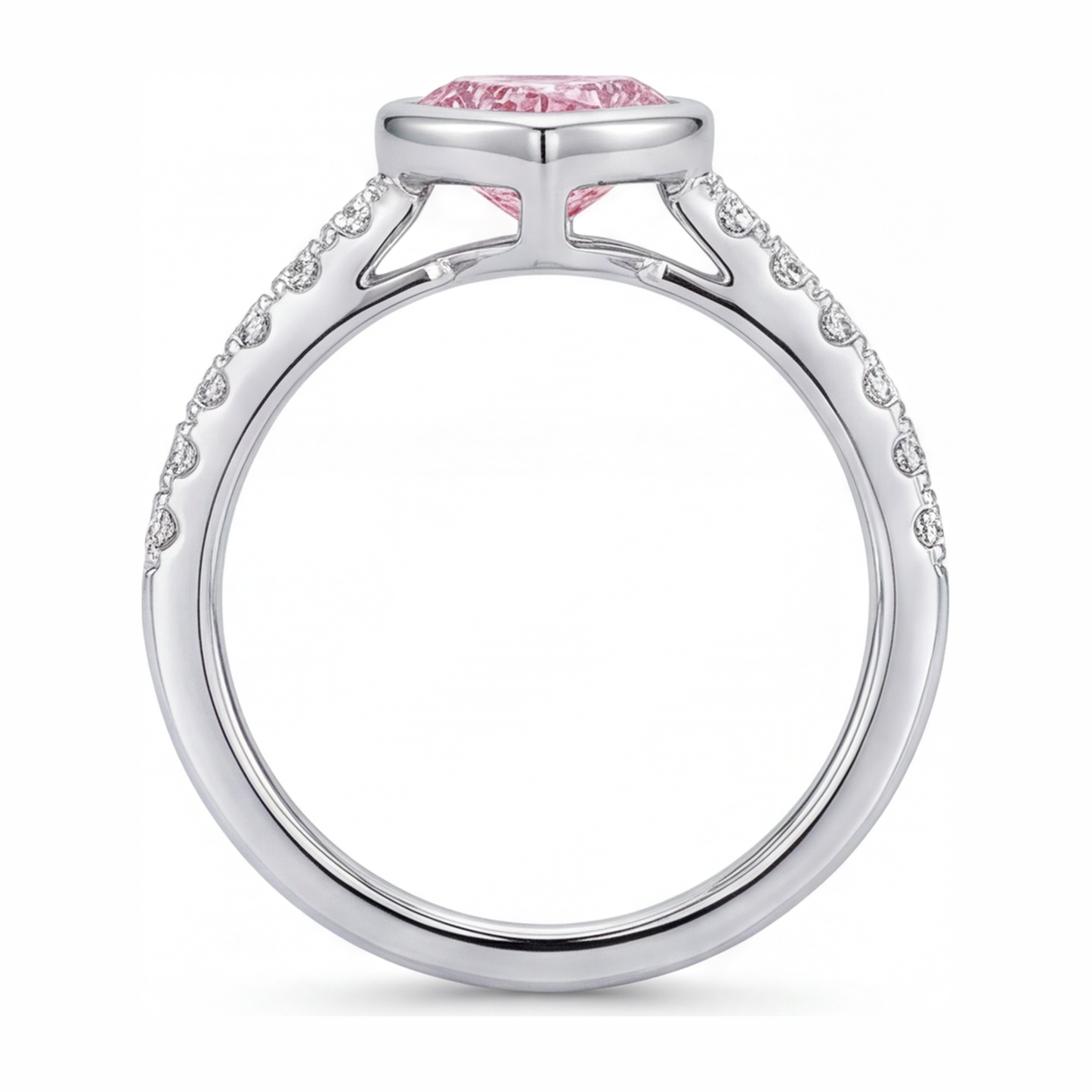 2 Carat Heart Pink Lab Grown Diamond and White Diamond Bezel Ring 14K White Gold