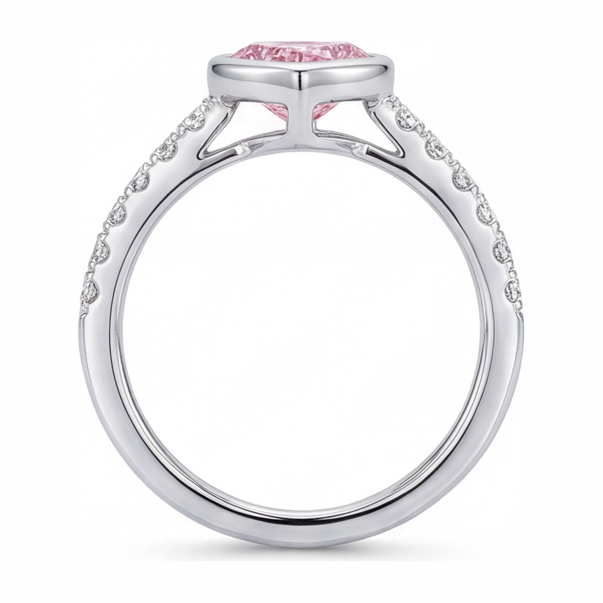 2 Carat Heart Pink Lab Grown Diamond and White Diamond Bezel Ring 14K White Gold