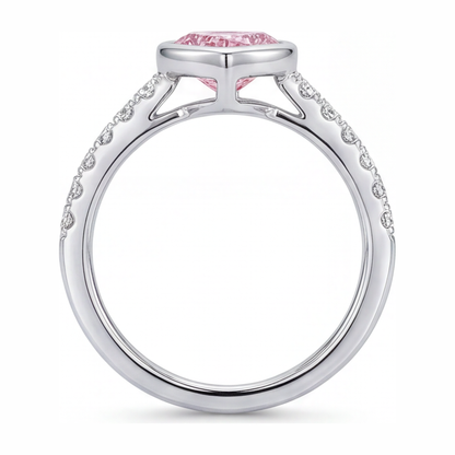 2 Carat Heart Pink Lab Grown Diamond and White Diamond Bezel Ring 14K White Gold